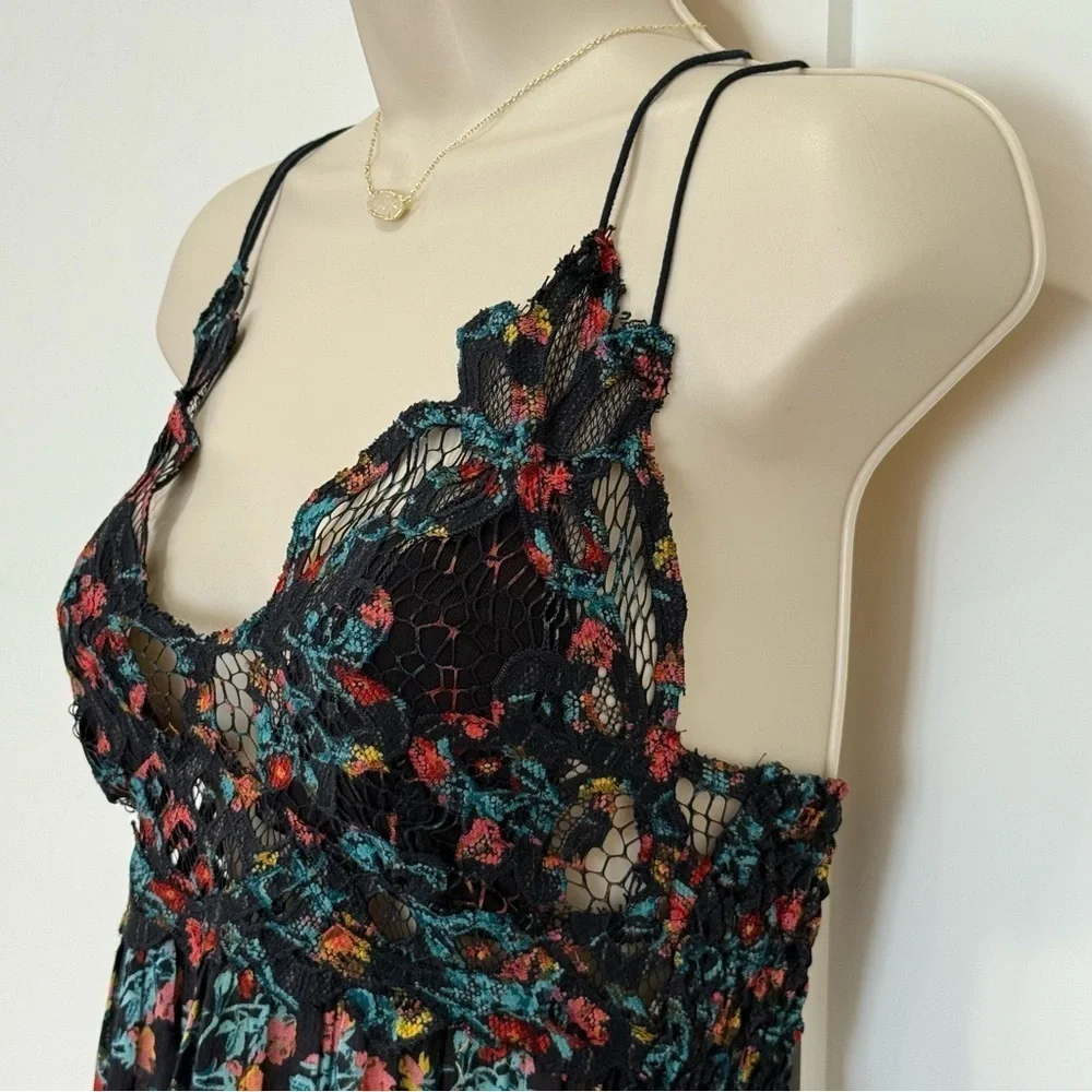 Free People Adella Printed Slip Mini Dress XS Black Combo Floral Festival Boho